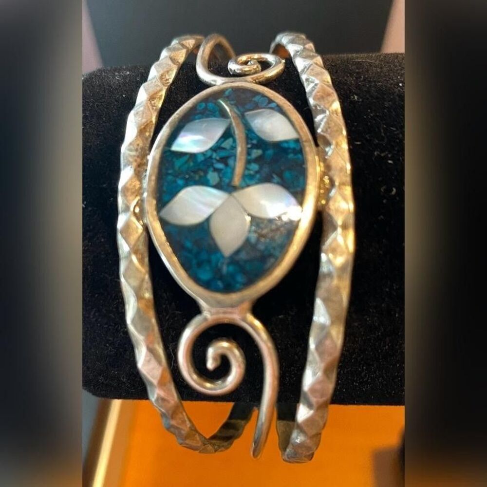 Silver Turquoise Mother Of Pearl Floral Inlay Cuff Bracelet Women’s Mexico